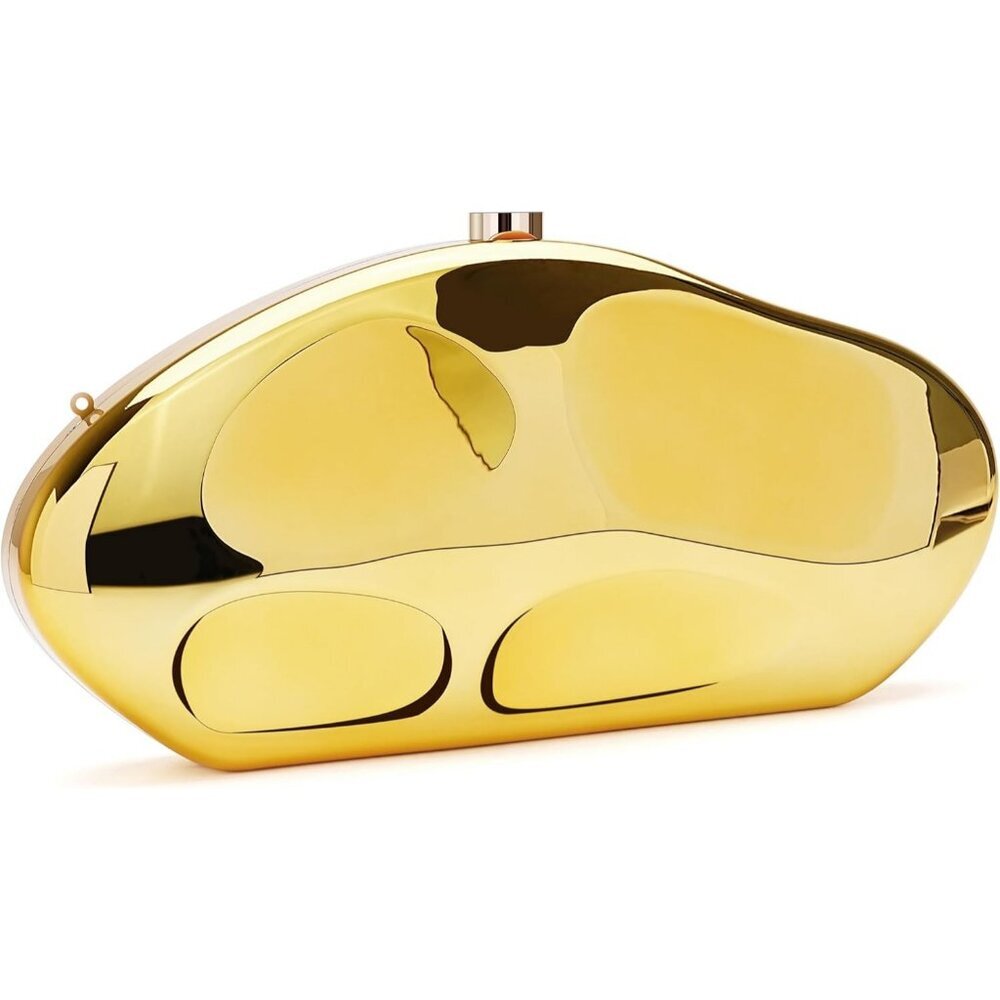 Women's Gold Acrylic Clasp Removable Strap Lift Up Lock Gold Clutch Purse
